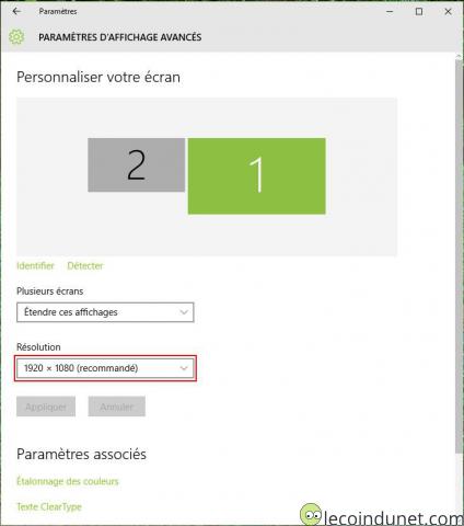 Windows 10 - Paramètres d'affichage avancés