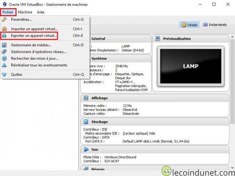 VitualBox - Fichier - Exporter