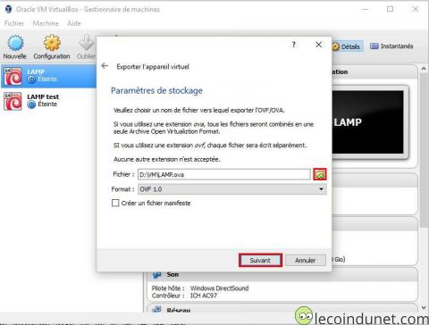 VitualBox - Destination de l'export
