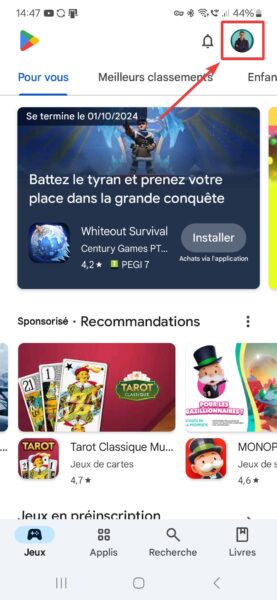 Icone profil sur app Google Play Store