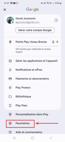 Paramètres Google Play Store
