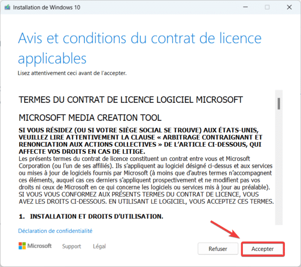 Accepter contrat de licence sur MediaCreationTool