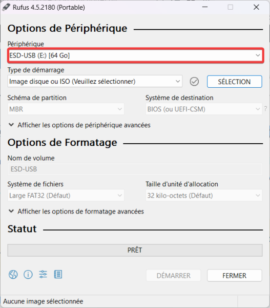 Rufus sélection périphérique USB