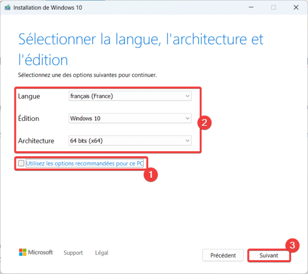 Sélectionner langue architecture sur MediaCreationTool