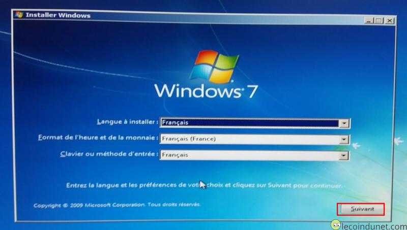 Windows 7 - Installer Windows sélection d'une langue