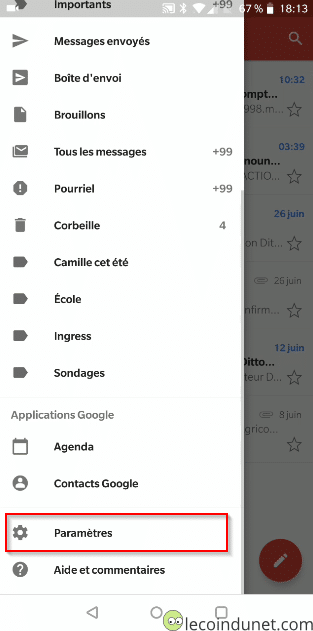 Gmail - Menu paramètres