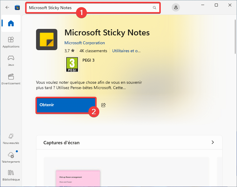 Application Sticky Notes sur Microsoft Store