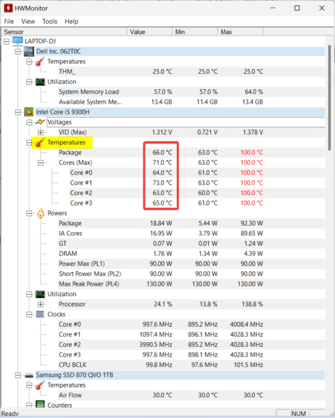 température CPU avec HWMonitor