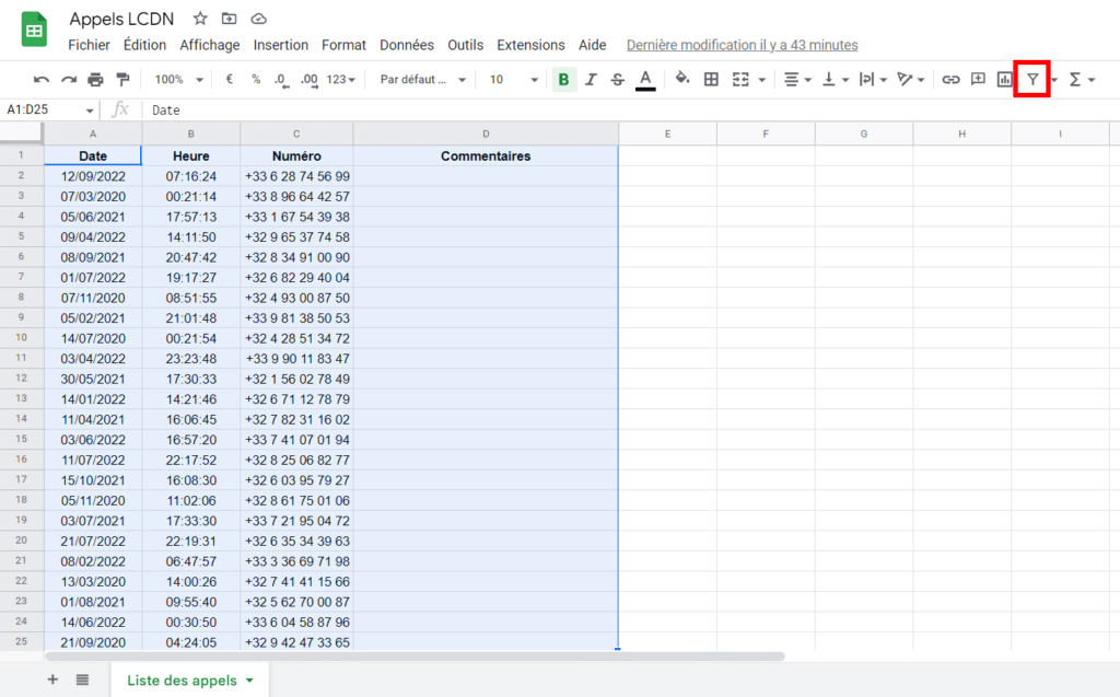 Filtrer par plage de dates sur Google Sheets