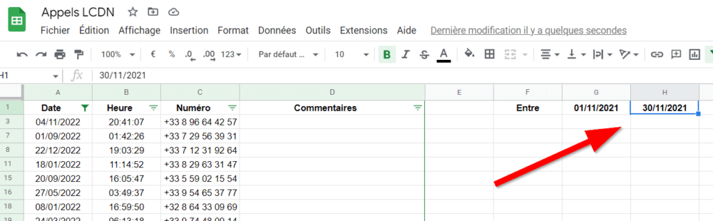 Filtrer par plage de dates sur Google Sheets