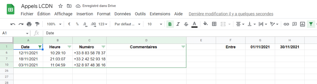 Filtrer par plage de dates sur Google Sheets