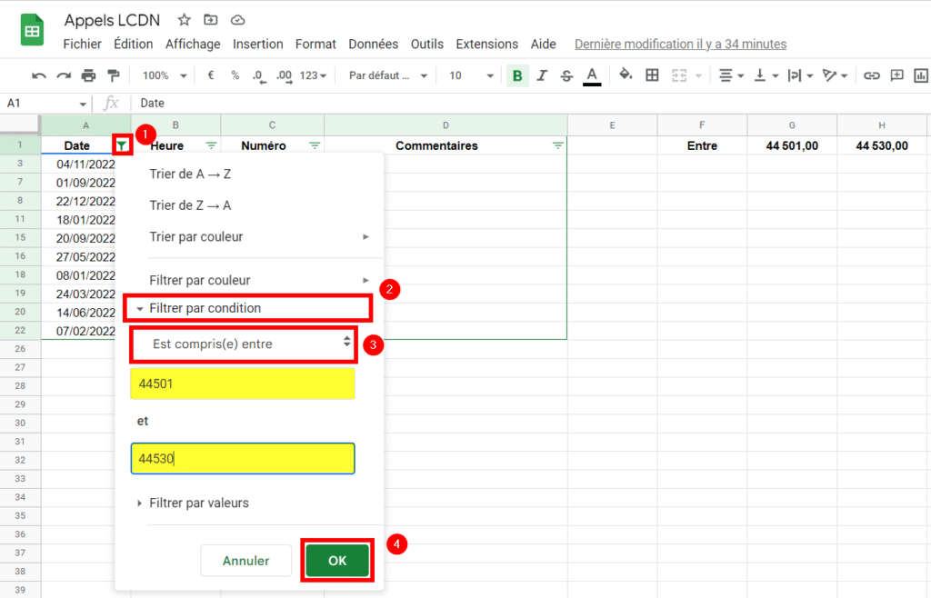 Filtrer par plage de dates sur Google Sheets