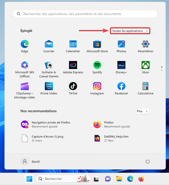 Menu démarrer Toutes les applications Windows 11