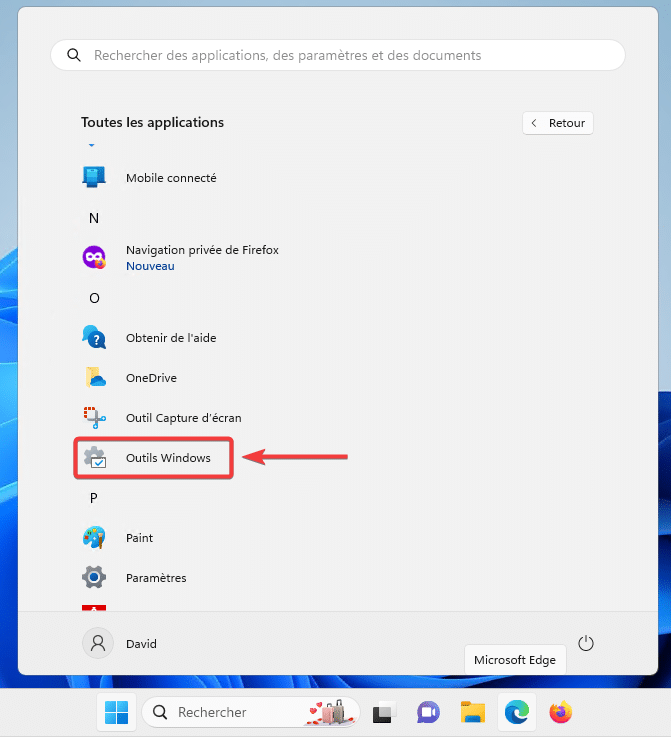 Outils d'administration Windows 11 depuis menu démarrer