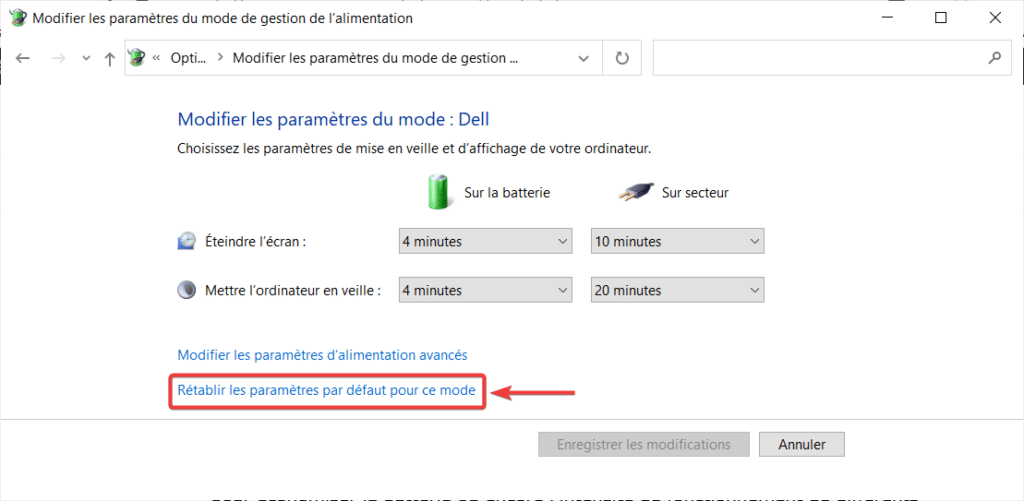 Rétablir paramètres par défaut mode alimentation