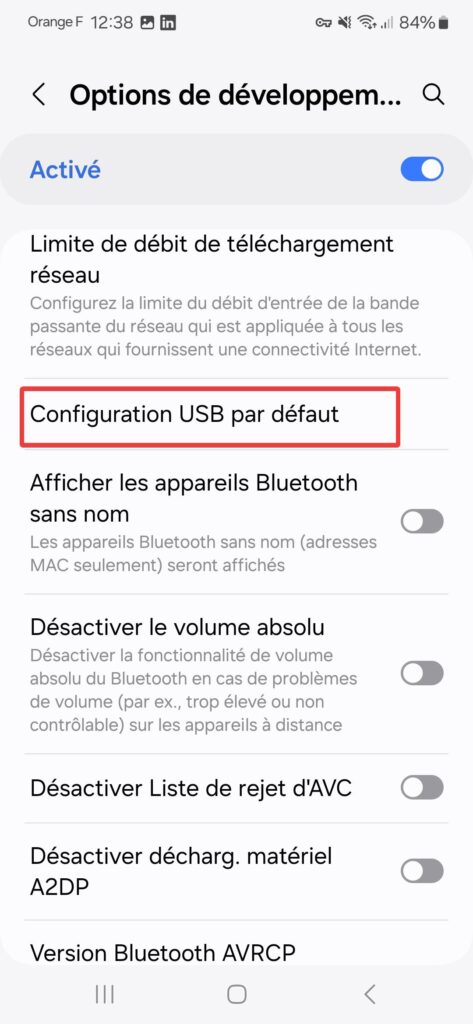 Configuration USB par défaut