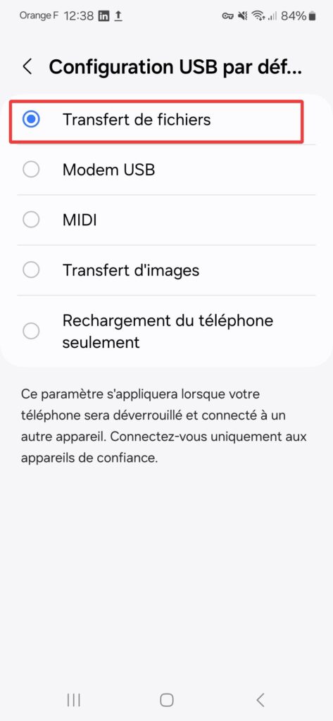 android USB transfert de fichiers