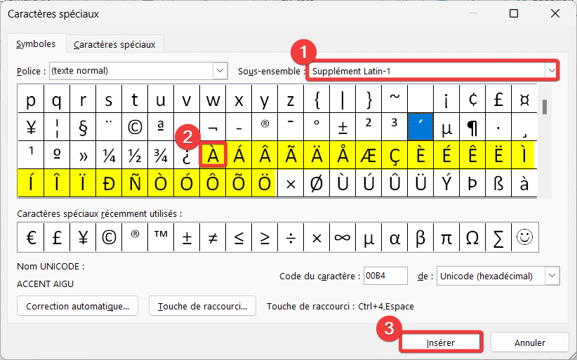 Insertion majuscule avec accent depuis table des caractères Word