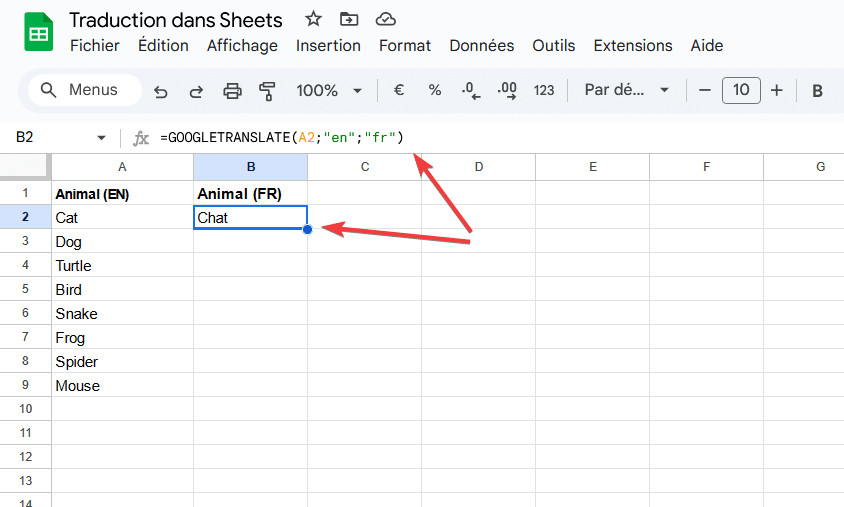 traduction cellule avec Google Sheets