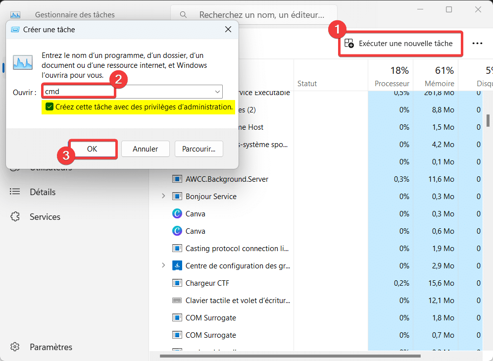 Ouvrir invite de commandes Windows depuis le gestionnaire des tâches