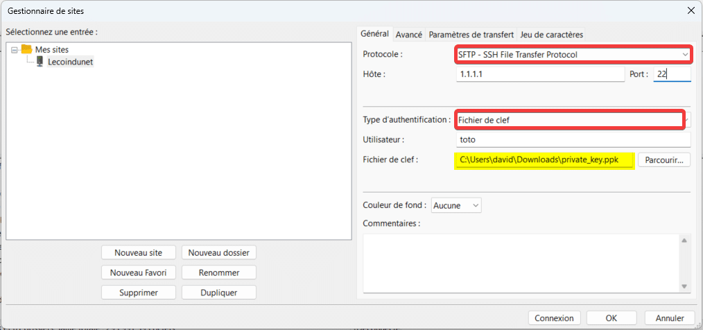 Utiliser clé privée SSH avec Filezilla