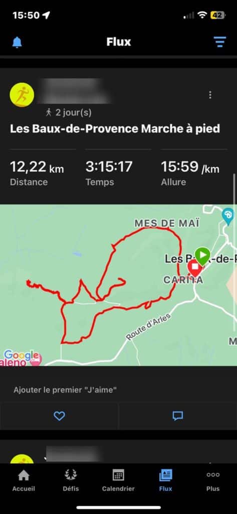 Détails d'une activité sur Garmin Connect