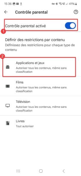 Activer controle parental Play Store