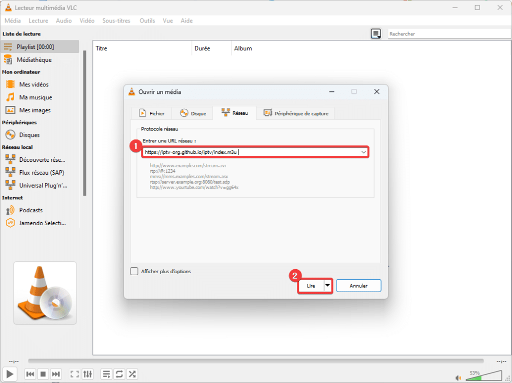 Entrer URL flux IPTV m3u avec VLC
