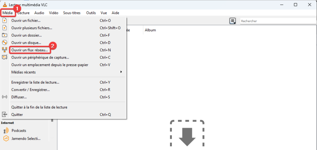 Menu "Ouvrir un flux réseau" avec VLC