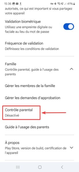 Play Store accès controle parental