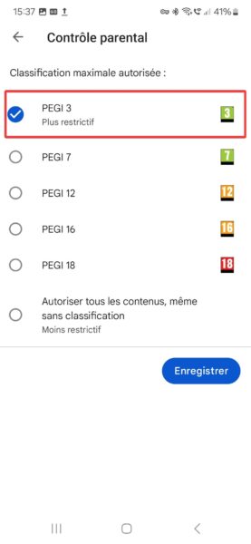 Sélection catégorie PEGI play Store