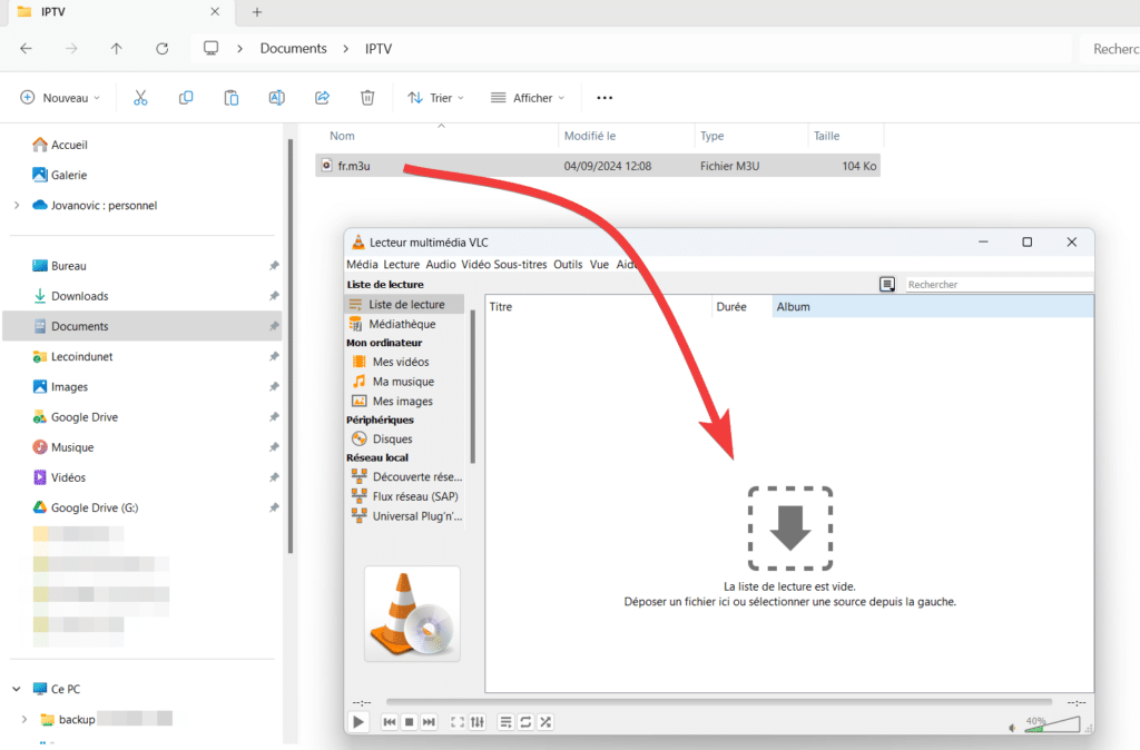 Glisser déposer un fichier iptv m3u sur VlC