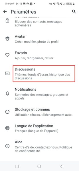 Paramètres WhatsApp aller dans Discussions