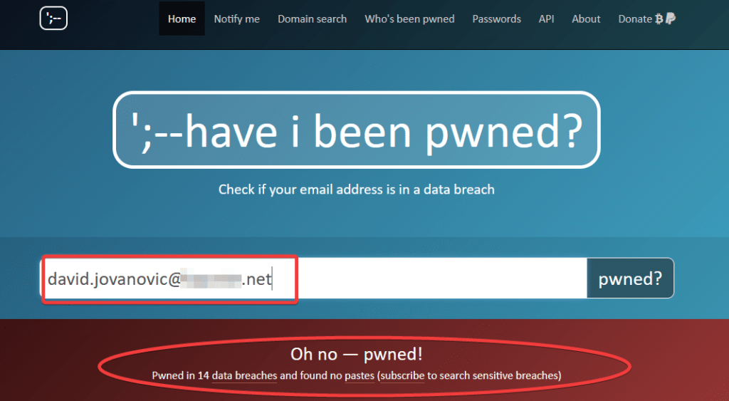 Exemple d'adresse e-mail compromise sur Haveibeenpwned