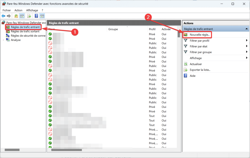 Règle entrante pare feu avancée Windows