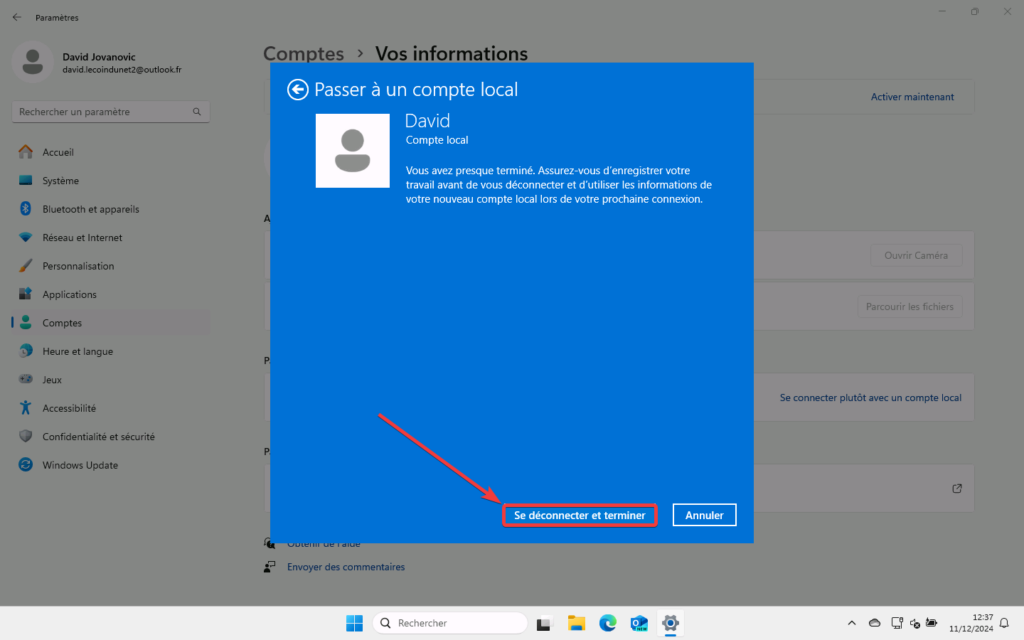Se déconnecter du compte microsoft