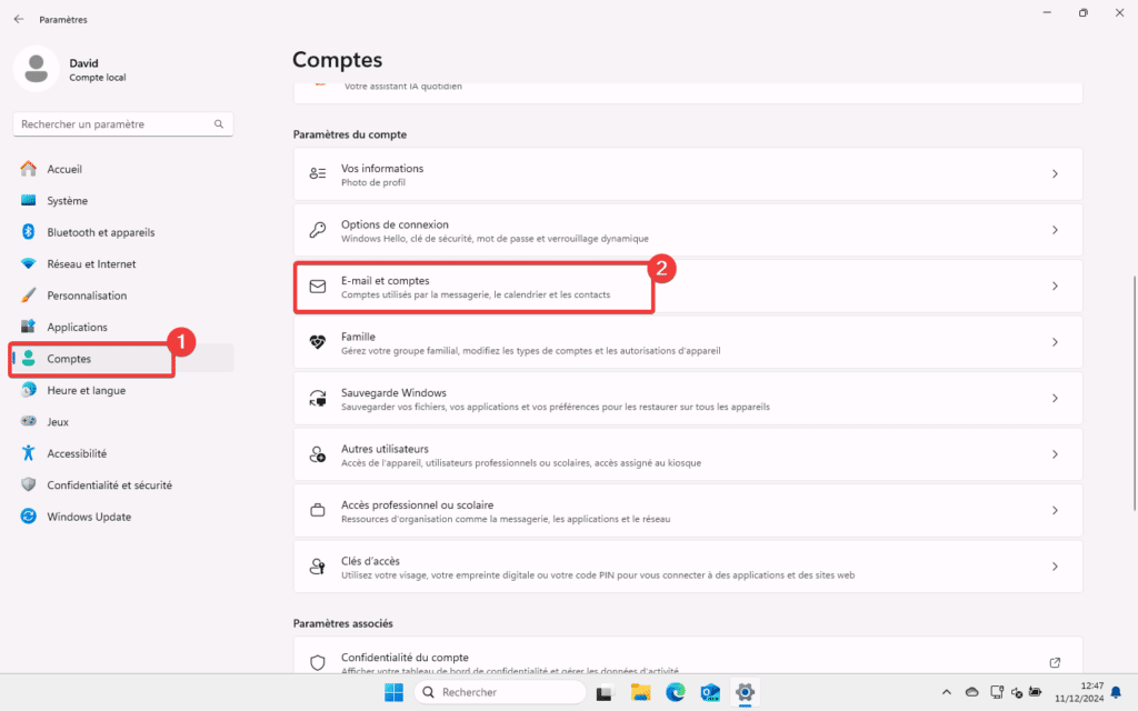 W11 Comptes Email et comptes