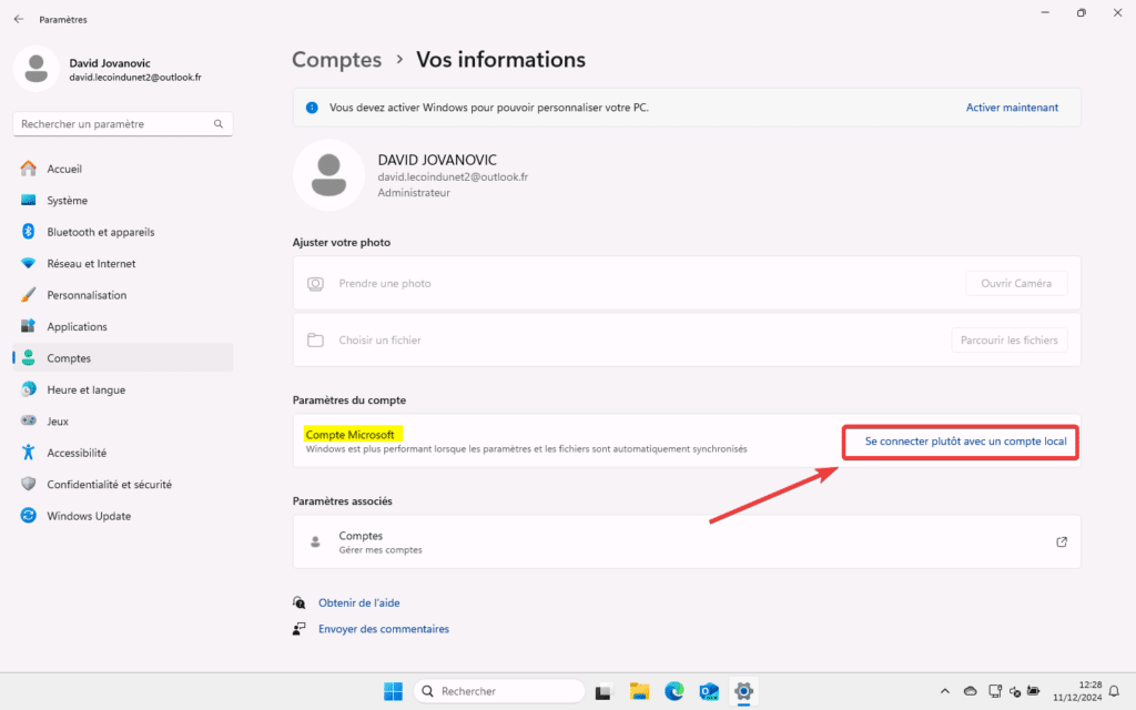 Lien Se connecter avec un compte local dans Paramètres Windows 11