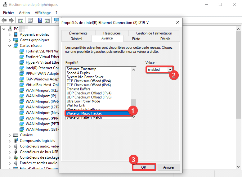 Activer Wake on magic packet